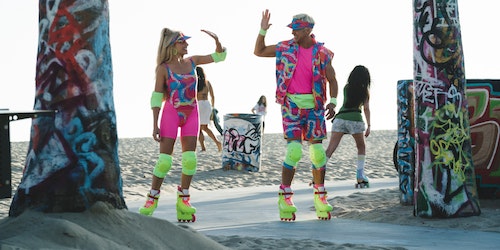 Barbie and Ken, skating in the 2023 movie