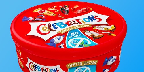 A tub of the Celebrations mixed confectionary tub, with the No-Bounty logo on the front